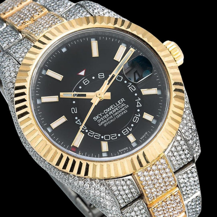 Rolex Black Dial Sky-Dweller Stick Markers Fluted Bezel Two Tone Oyster Bracelet Yellow Gold Moissanite Watch Close Up Dial View