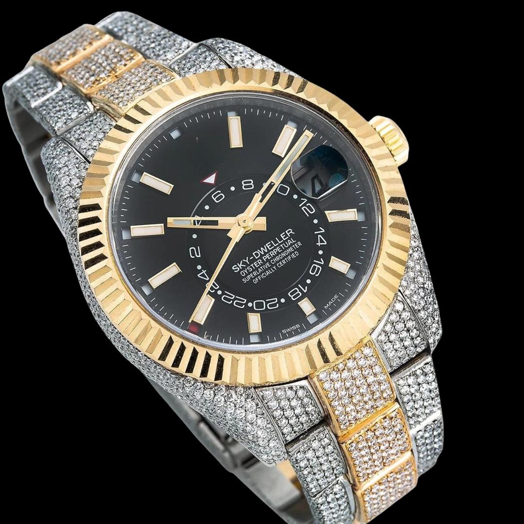 Rolex Black Dial Sky-Dweller Stick Markers Fluted Bezel Two Tone Oyster Bracelet Yellow Gold Moissanite Watch Close Up Front View