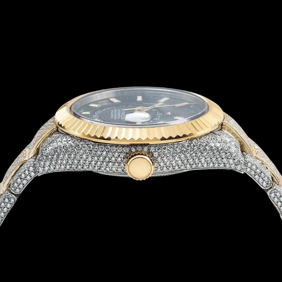 Rolex Black Dial Sky-Dweller Stick Markers Fluted Bezel Two Tone Oyster Bracelet Yellow Gold Moissanite Watch Crown View
