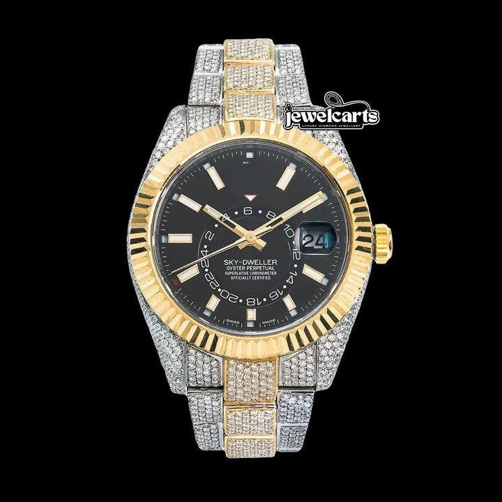 Rolex Black Dial Sky-Dweller Stick Markers Fluted Bezel Two Tone Oyster Bracelet Yellow Gold Moissanite Watch Front View