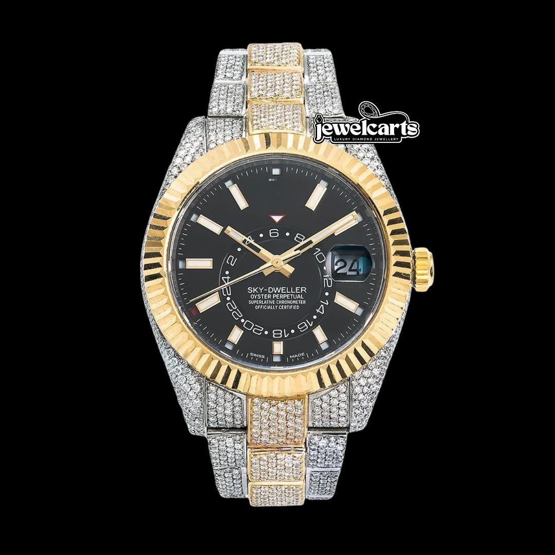 Rolex Black Dial Sky-Dweller Stick Markers Fluted Bezel Two Tone Oyster Bracelet Yellow Gold Moissanite Watch Front View