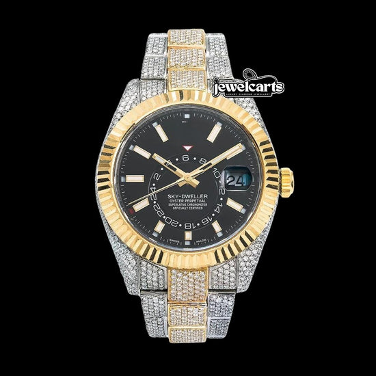 Rolex Black Dial Sky-Dweller Stick Markers Fluted Bezel Two Tone Oyster Bracelet Yellow Gold Moissanite Watch Front View