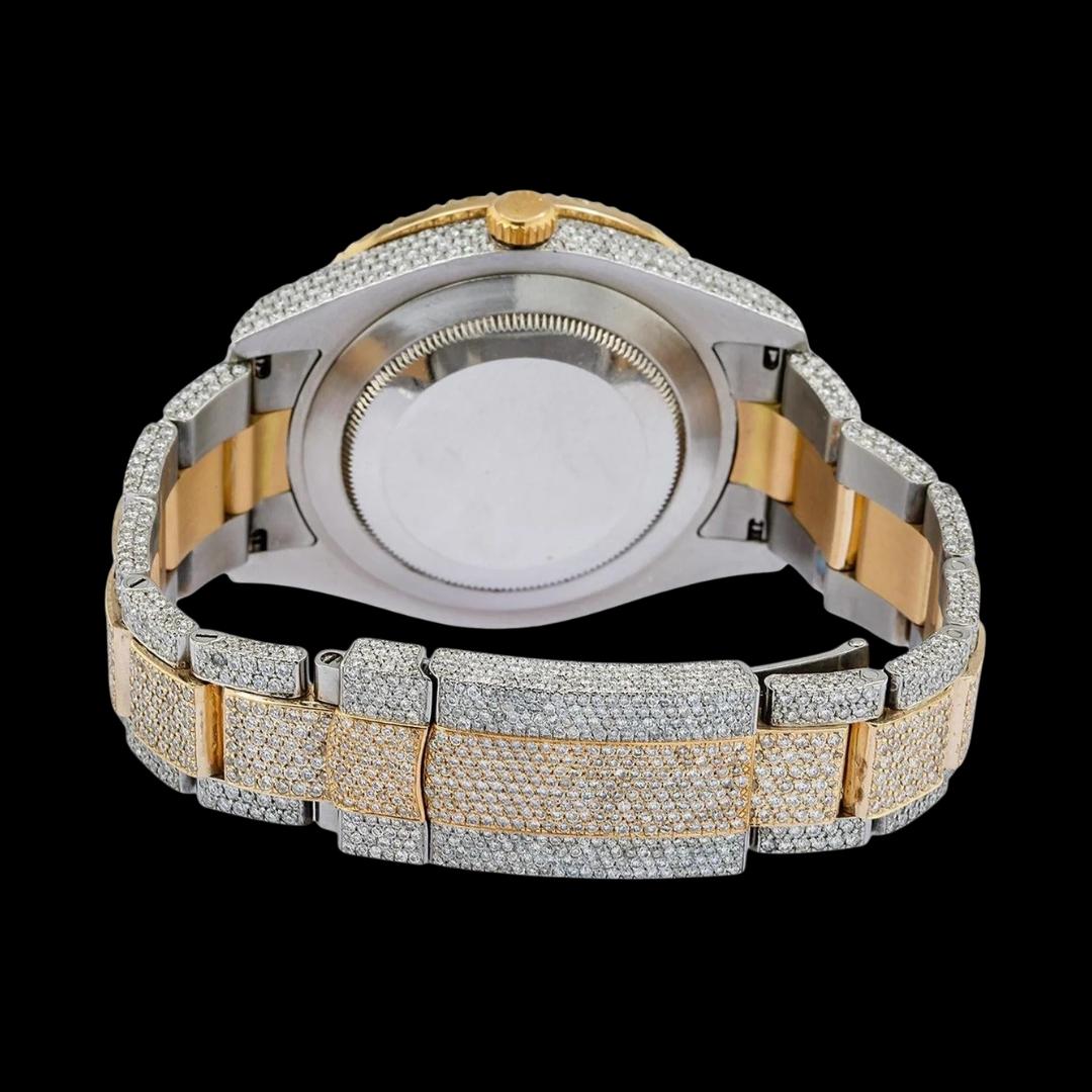Rolex Black Dial Standard Numerals Two Tone Yellow Gold Oyster Bracelet Iced Out Moissanite Watch Caseback View