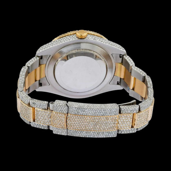Rolex Black Dial Standard Numerals Two Tone Yellow Gold Oyster Bracelet Iced Out Moissanite Watch Caseback View