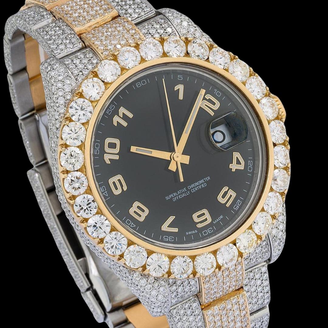 Rolex Black Dial Standard Numerals Two Tone Yellow Gold Oyster Bracelet Iced Out Moissanite Watch Close Up Dial View