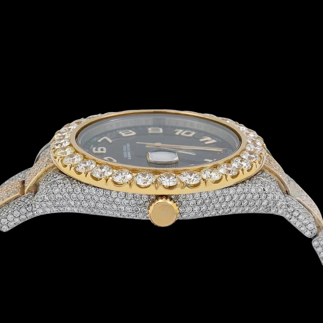 Rolex Black Dial Standard Numerals Two Tone Yellow Gold Oyster Bracelet Iced Out Moissanite Watch Crown View