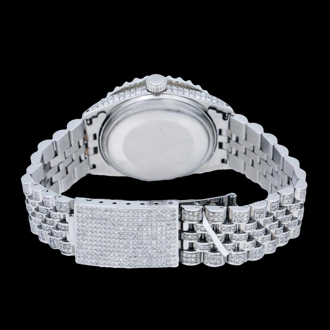 Rolex Blue Pearl Dial Diamond Roman Numerals Fully Iced Out Jubilee Bracelet Moissanite Watch Caseback View
