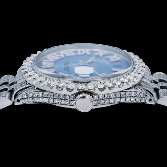 Rolex Blue Pearl Dial Diamond Roman Numerals Fully Iced Out Jubilee Bracelet Moissanite Watch Crown View