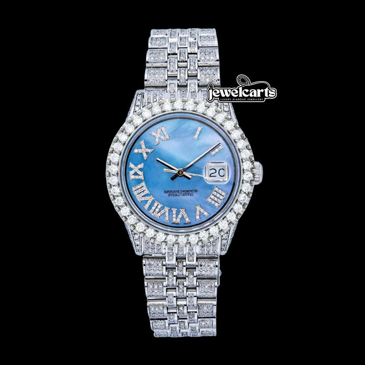 Rolex Blue Pearl Dial Diamond Roman Numerals Fully Iced Out Jubilee Bracelet Moissanite Watch Front View