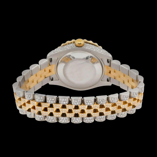 Rolex Champagne Diamond Dial Two Tone Yellow Gold Jubilee Bracelet Iced Out Moissanite Watch Caseback View