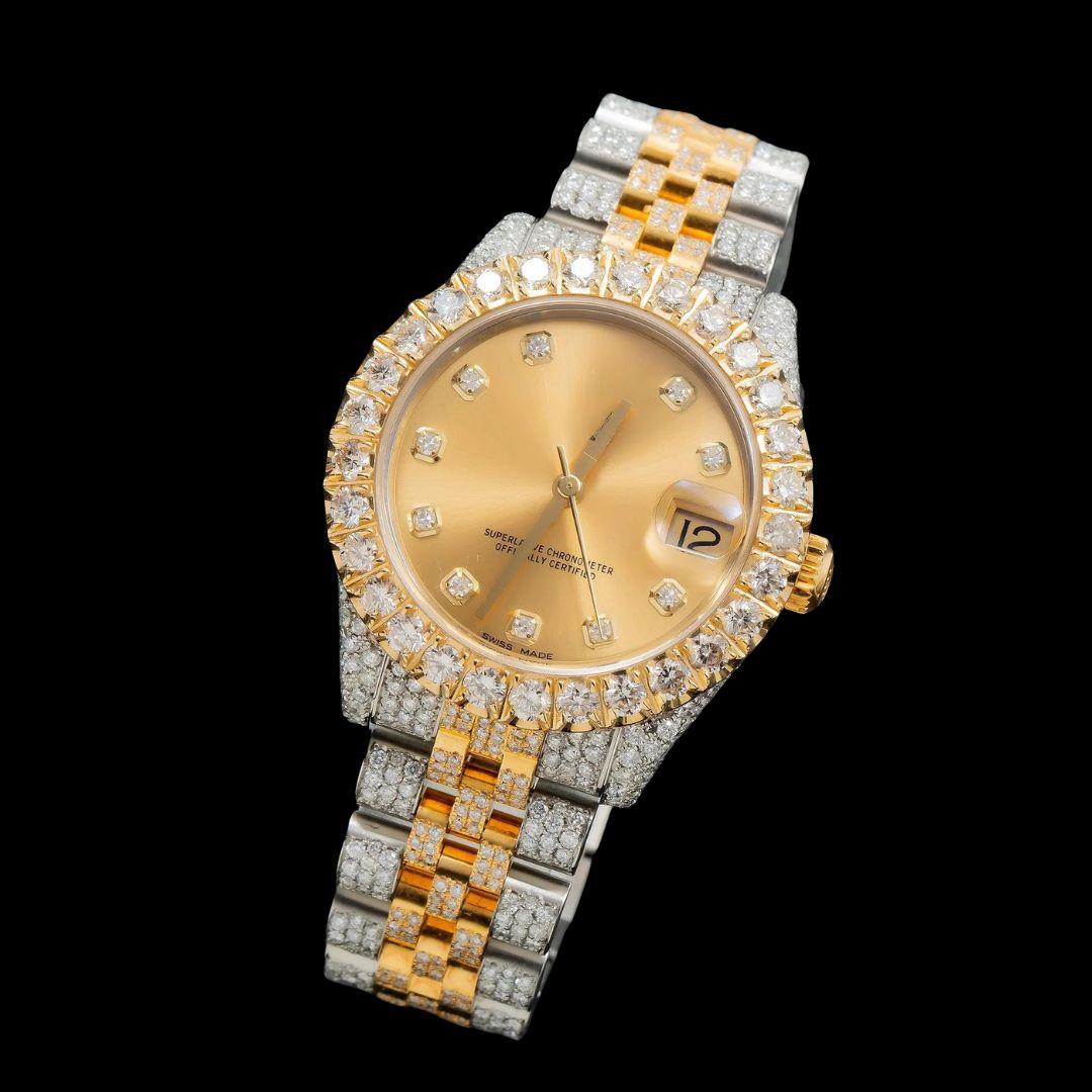 Rolex Champagne Diamond Dial Two Tone Yellow Gold Jubilee Bracelet Iced Out Moissanite Watch Close Up Front View