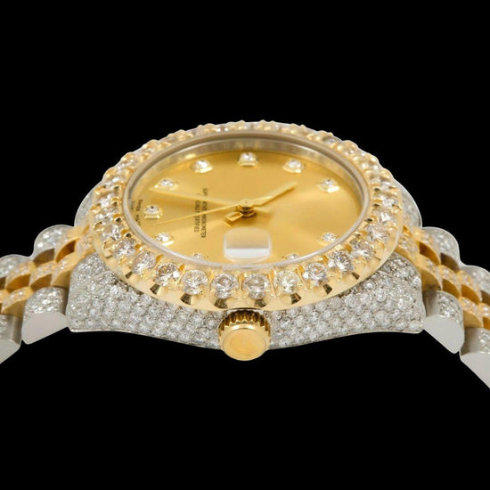 Rolex Champagne Diamond Dial Two Tone Yellow Gold Jubilee Bracelet Iced Out Moissanite Watch Crown View
