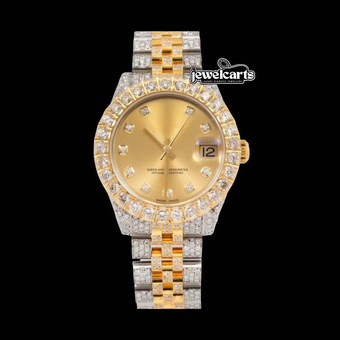Rolex Champagne Diamond Dial Two Tone Yellow Gold Jubilee Bracelet Iced Out Moissanite Watch Front View