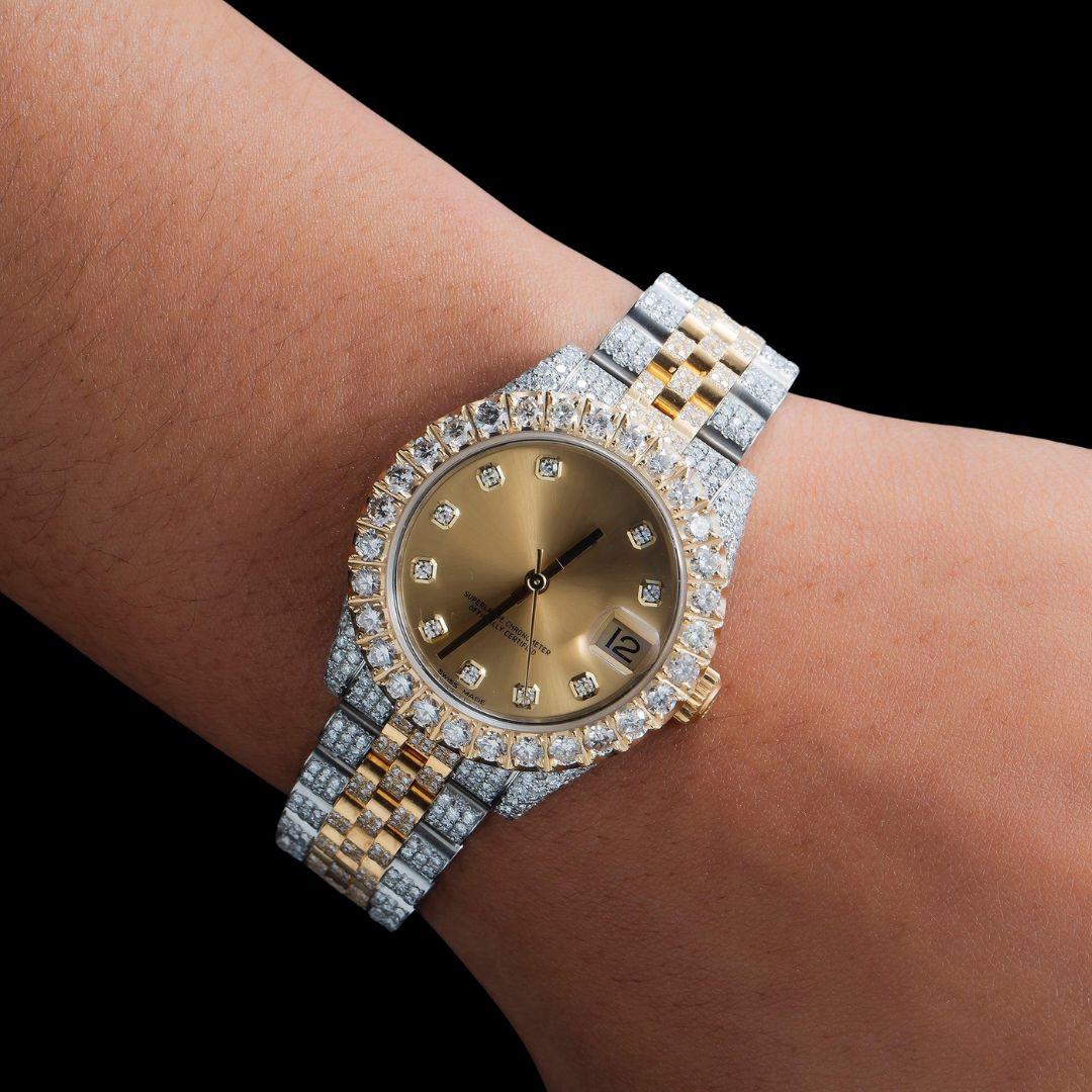 Rolex Champagne Diamond Dial Two Tone Yellow Gold Jubilee Bracelet Iced Out Moissanite Watch On Wrist View