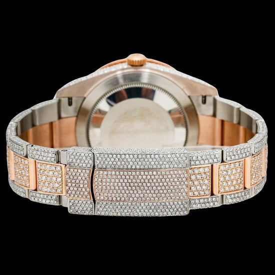 Rolex Chocolate Dial Stick Markers Two Tone Rose Gold Oyster Bracelet Iced Out Moissanite Watch Caseback View