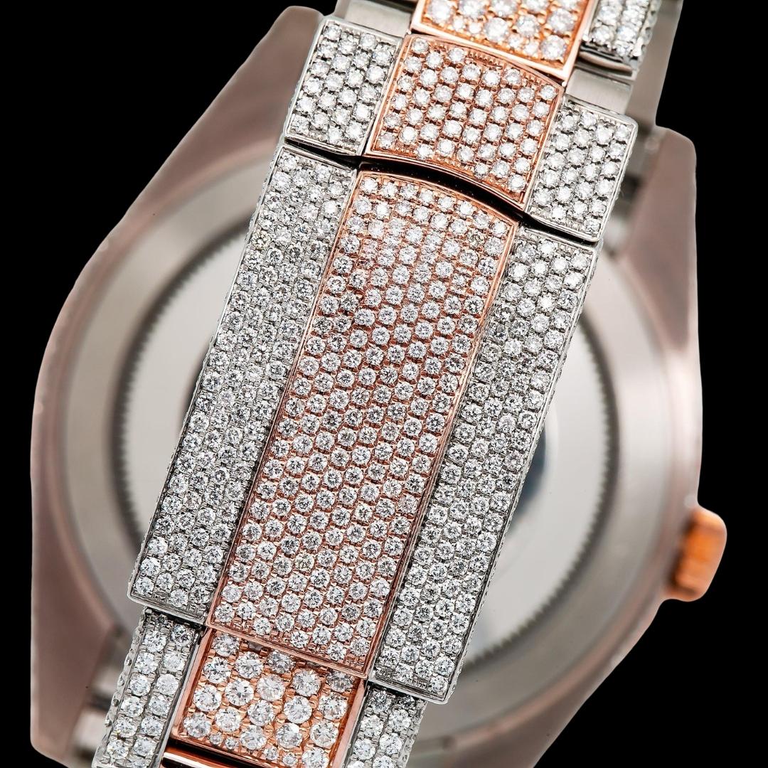 Rolex Chocolate Dial Stick Markers Two Tone Rose Gold Oyster Bracelet Iced Out Moissanite Watch Claps View