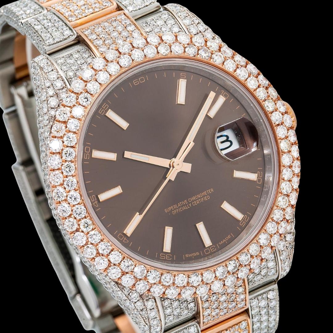 Rolex Chocolate Dial Stick Markers Two Tone Rose Gold Oyster Bracelet Iced Out Moissanite Watch Close Up Dial View