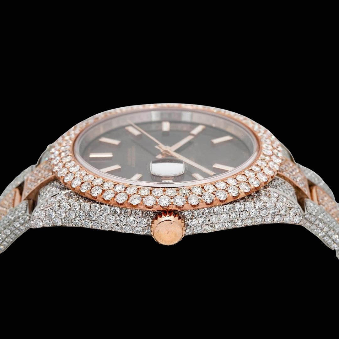 Rolex Chocolate Dial Stick Markers Two Tone Rose Gold Oyster Bracelet Iced Out Moissanite Watch Crown View