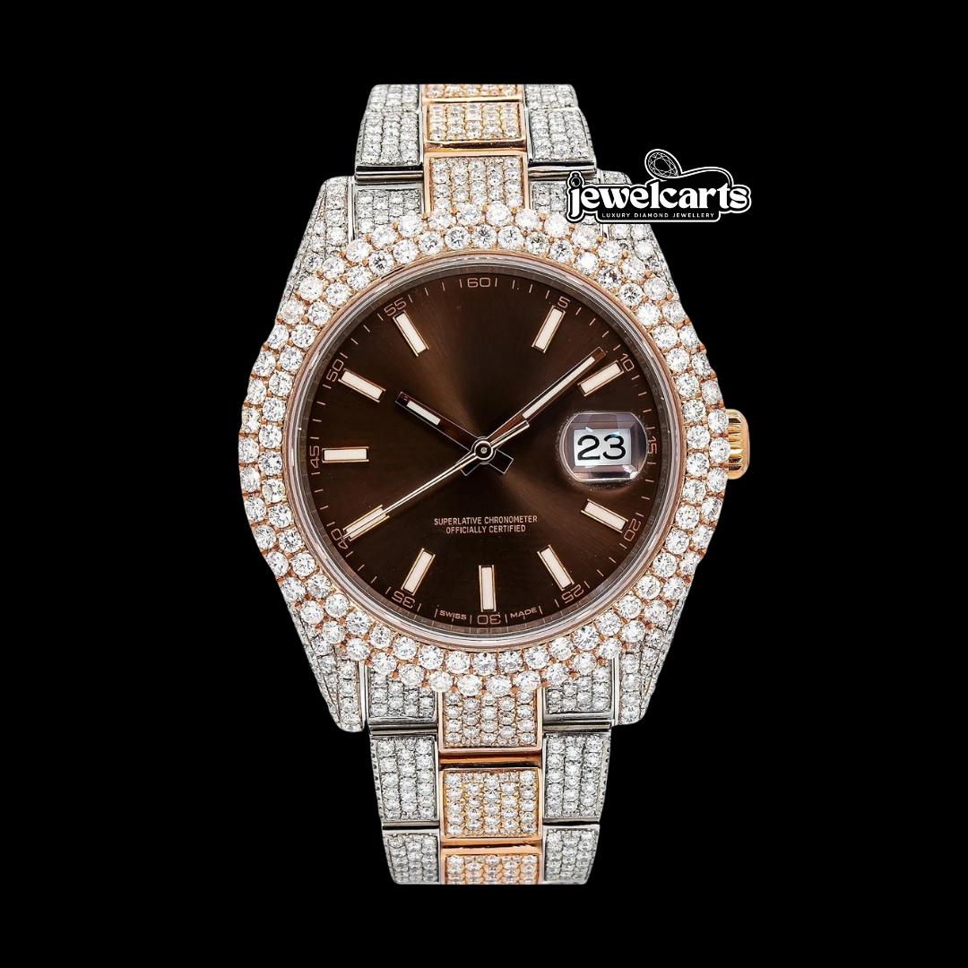 Rolex Chocolate Dial Stick Markers Two Tone Rose Gold Oyster Bracelet Iced Out Moissanite Watch Front View