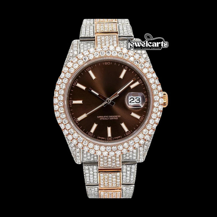 Rolex Chocolate Dial Stick Markers Two Tone Rose Gold Oyster Bracelet Iced Out Moissanite Watch Front View