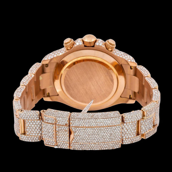 Rolex Cosmograph Daytona Diamond Paved Dial Rose Gold Fully Iced Out Moissanite Watch Caseback View
