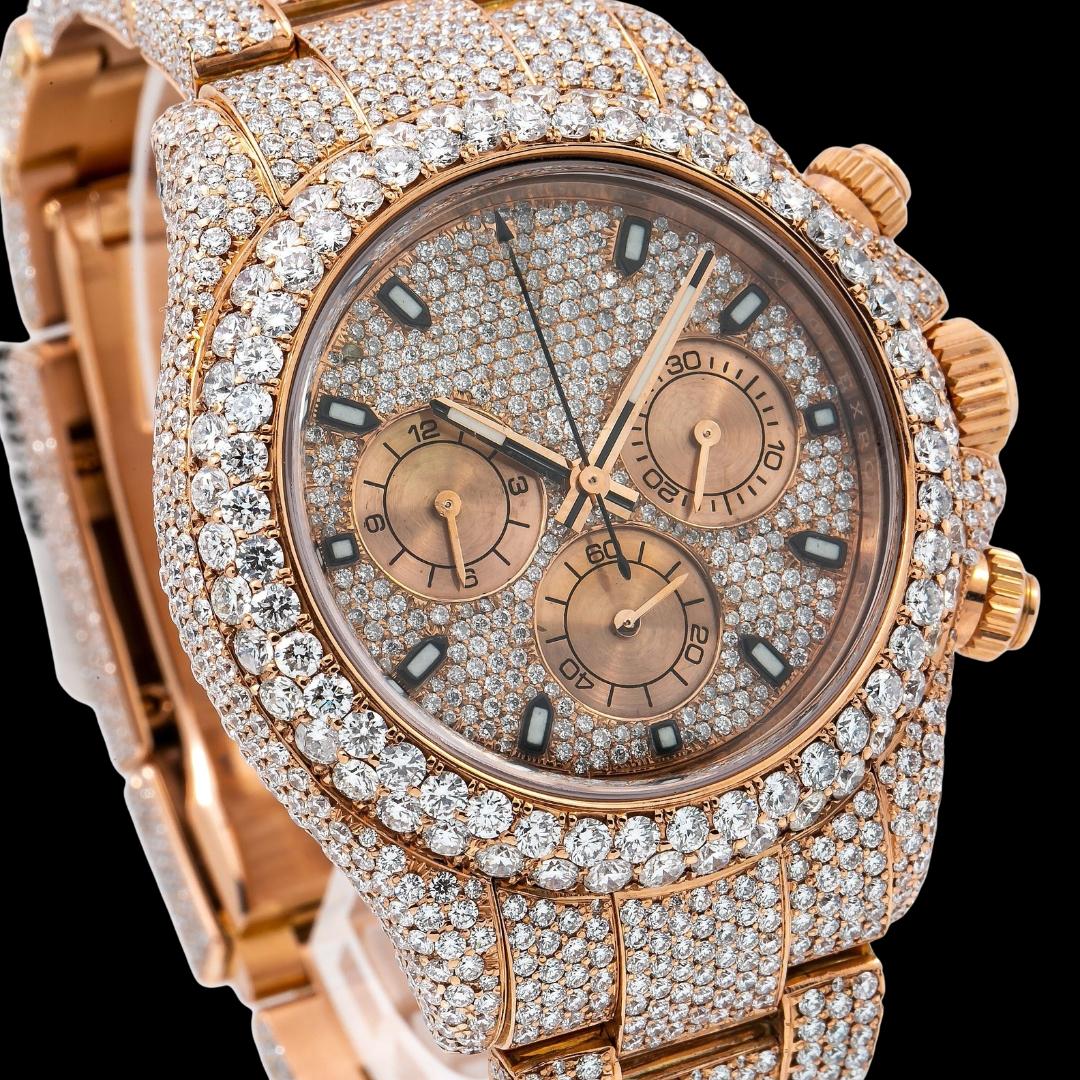Rolex Cosmograph Daytona Diamond Paved Dial Rose Gold Fully Iced Out Moissanite Watch Close Up Dial View