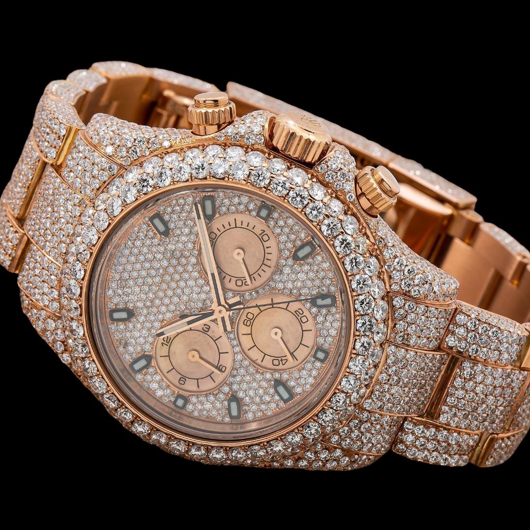 Rolex Cosmograph Daytona Diamond Paved Dial Rose Gold Fully Iced Out Moissanite Watch Close Up Front View