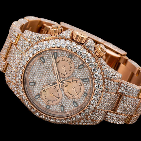 Rolex Cosmograph Daytona Diamond Paved Dial Rose Gold Fully Iced Out Moissanite Watch Close Up Front View