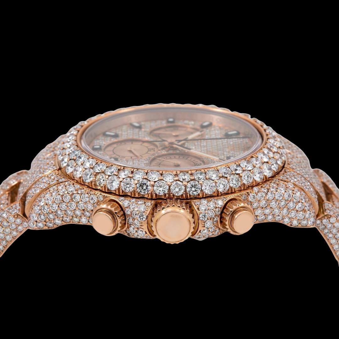 Rolex Cosmograph Daytona Diamond Paved Dial Rose Gold Fully Iced Out Moissanite Watch Crown View