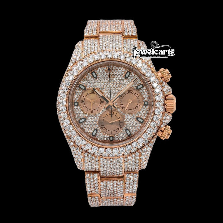 Rolex Cosmograph Daytona Diamond Paved Dial Rose Gold Fully Iced Out Moissanite Watch Front View
