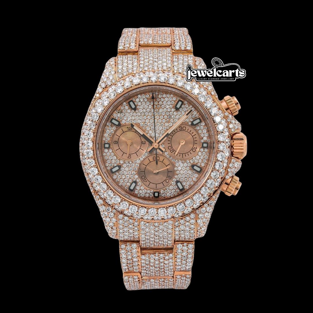 Rolex Cosmograph Daytona Diamond Paved Dial Rose Gold Fully Iced Out Moissanite Watch Front View