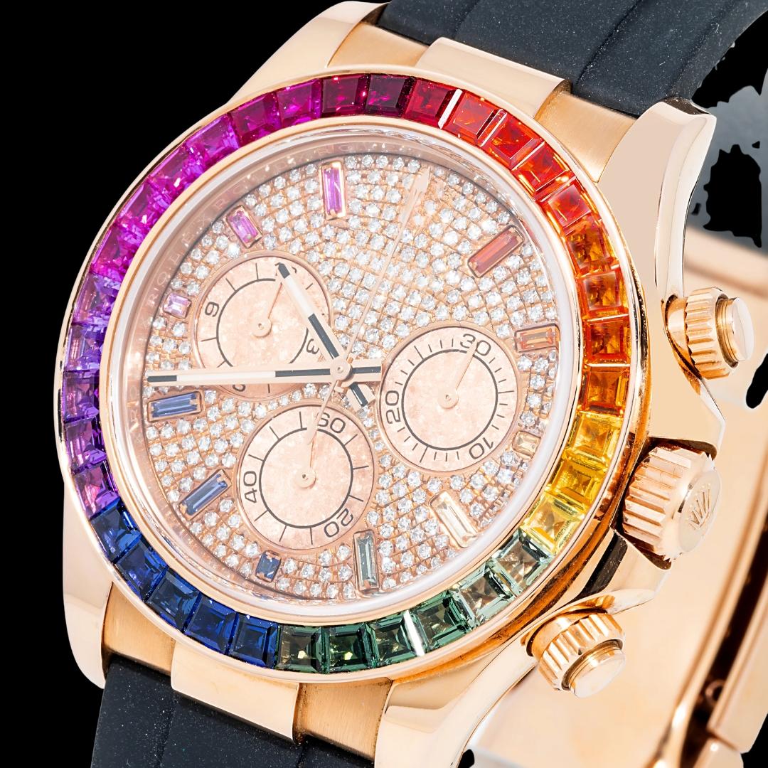 Rolex Cosmograph Daytona Stick Markers Rainbow Bezel Semi Iced Out Rose Gold Moissanite Watch Rubber Strap Close Up Dial View