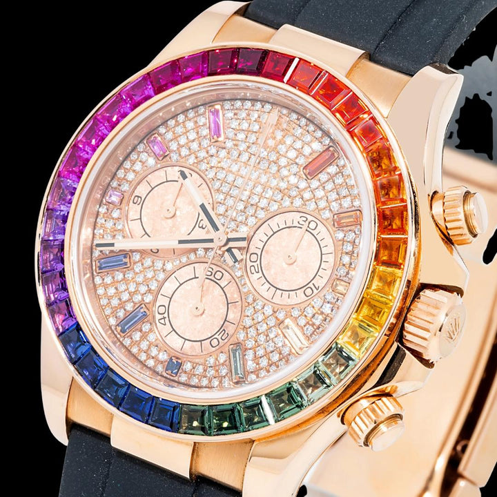 Rolex Cosmograph Daytona Stick Markers Rainbow Bezel Semi Iced Out Rose Gold Moissanite Watch Rubber Strap Close Up Dial View