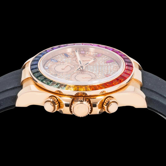 Rolex Cosmograph Daytona Stick Markers Rainbow Bezel Semi Iced Out Rose Gold Moissanite Watch Rubber Strap Crown View