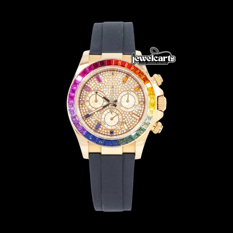 Rolex Cosmograph Daytona Stick Markers Rainbow Bezel Semi Iced Out Rose Gold Moissanite Watch Rubber Strap Front View