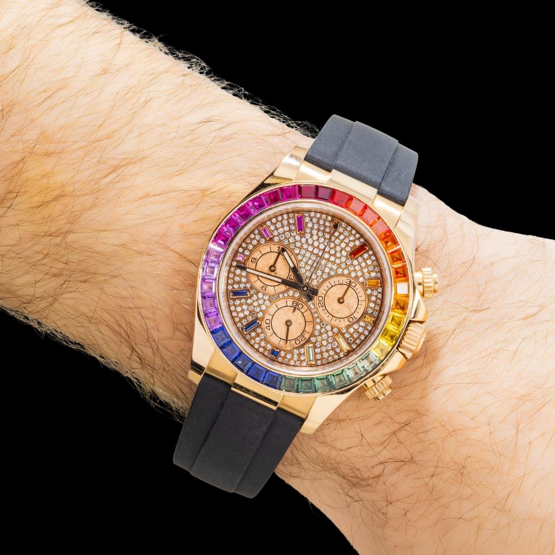 Rolex Cosmograph Daytona Stick Markers Rainbow Bezel Semi Iced Out Rose Gold Moissanite Watch Rubber Strap On Wrist View