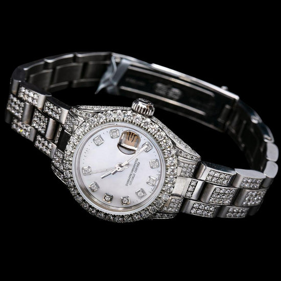 Rolex Date Just White Dial Diamond Markers Oyster Bracelet Iced Out Moissanite Watch for Women Close Up Front View