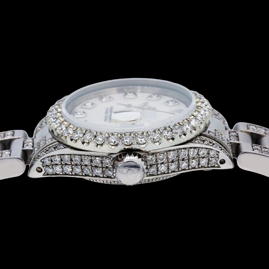 Rolex Date Just White Dial Diamond Markers Oyster Bracelet Iced Out Moissanite Watch for Women Crown View
