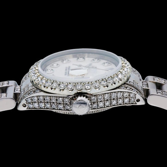 Rolex Date Just White Dial Diamond Markers Oyster Bracelet Iced Out Moissanite Watch for Women Crown View