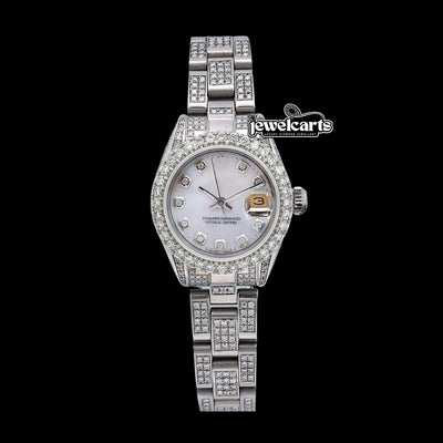 Rolex Date Just White Dial Diamond Markers Oyster Bracelet Iced Out Moissanite Watch for Women