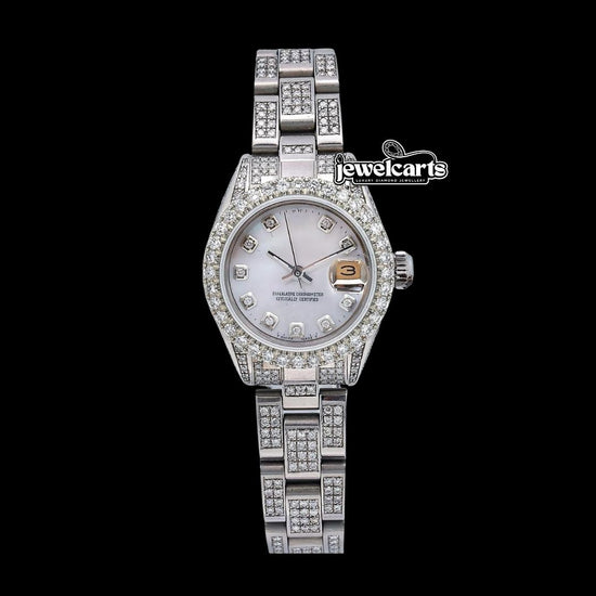 Rolex Date Just White Dial Diamond Markers Oyster Bracelet Iced Out Moissanite Watch for Women Front View