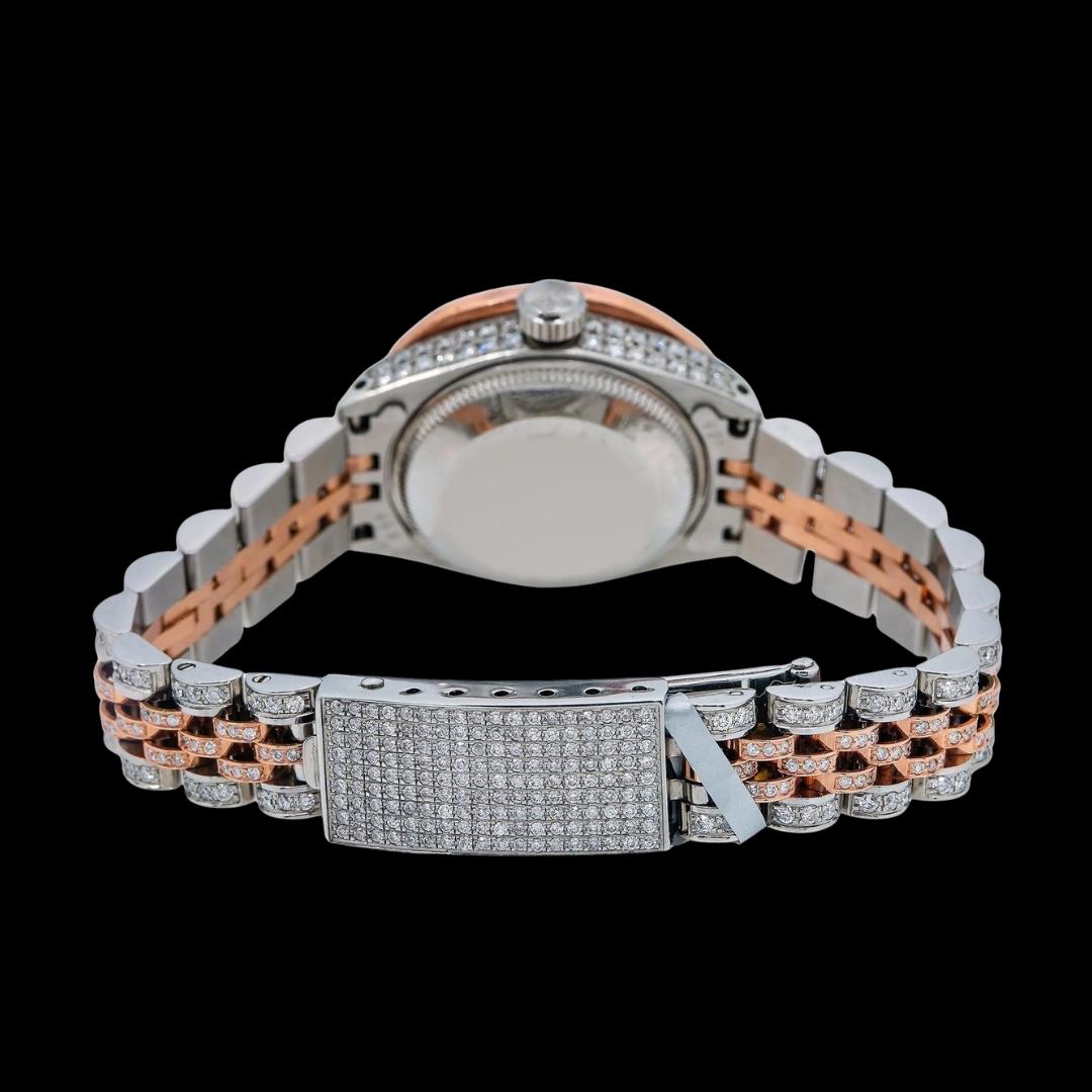 Rolex Datejust Baguette Bezel Diamond Markers White Dial Two Tone Jubilee Bracelet Rose Gold Iced Out Watch Caseback View