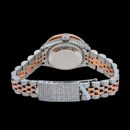 Rolex Datejust Baguette Bezel Diamond Markers White Dial Two Tone Jubilee Bracelet Rose Gold Iced Out Watch Caseback View