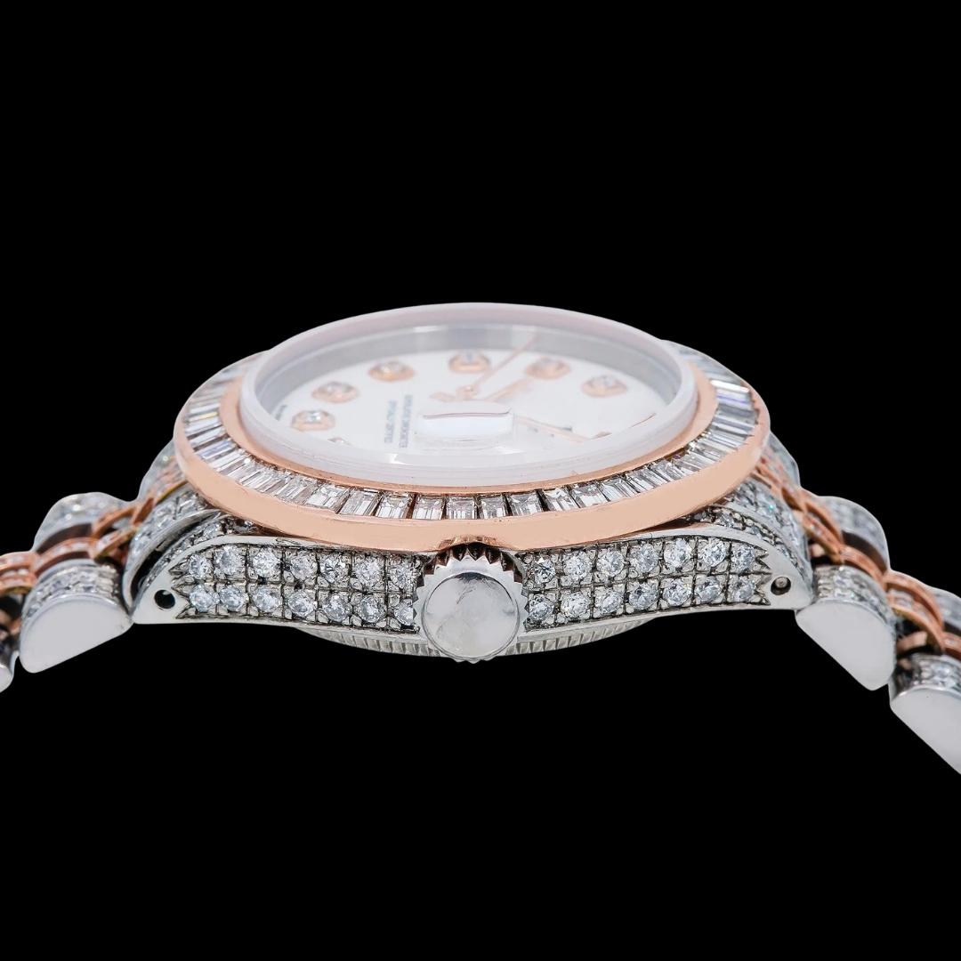 Rolex Datejust Baguette Bezel Diamond Markers White Dial Two Tone Jubilee Bracelet Rose Gold Iced Out Watch Crown View