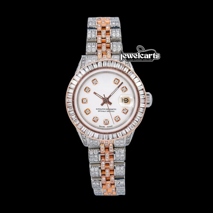 Rolex Datejust Baguette Bezel Diamond Markers White Dial Two Tone Jubilee Bracelet Rose Gold Iced Out Watch Front View