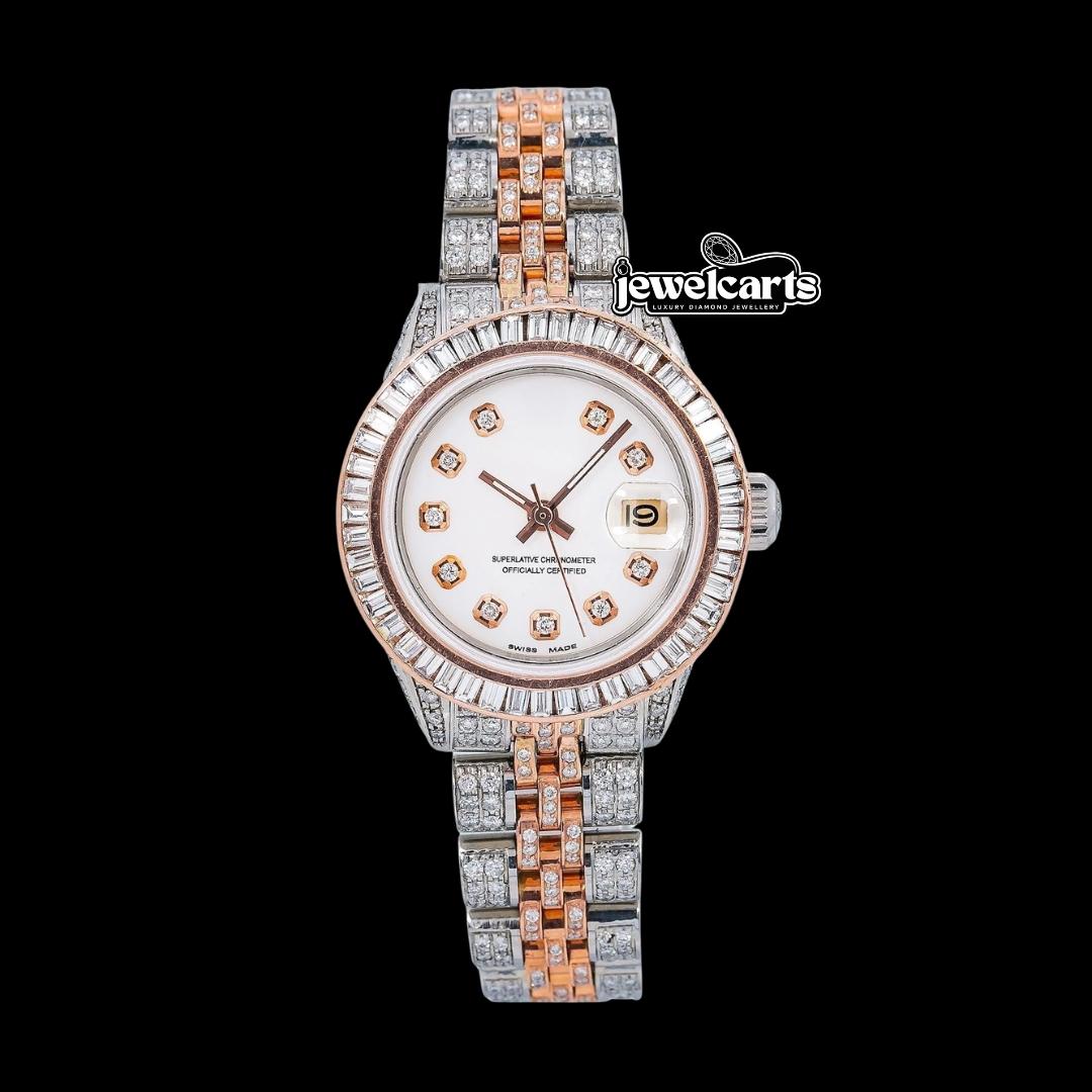 Rolex Datejust Baguette Bezel Diamond Markers White Dial Two Tone Jubilee Bracelet Rose Gold Iced Out Watch Front View