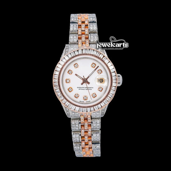 Rolex Datejust Baguette Bezel Diamond Markers White Dial Two Tone Jubilee Bracelet Rose Gold Iced Out Watch Front View