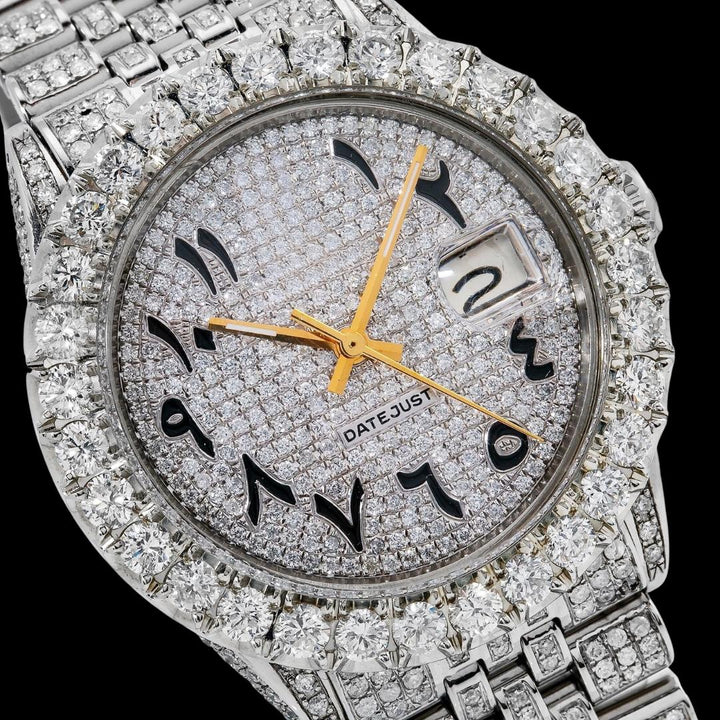 Rolex Datejust Black Arabic Numerals Diamond Paved Dial Iced Out Jubilee Bracelet Moissanite Watch Close Up Dial View