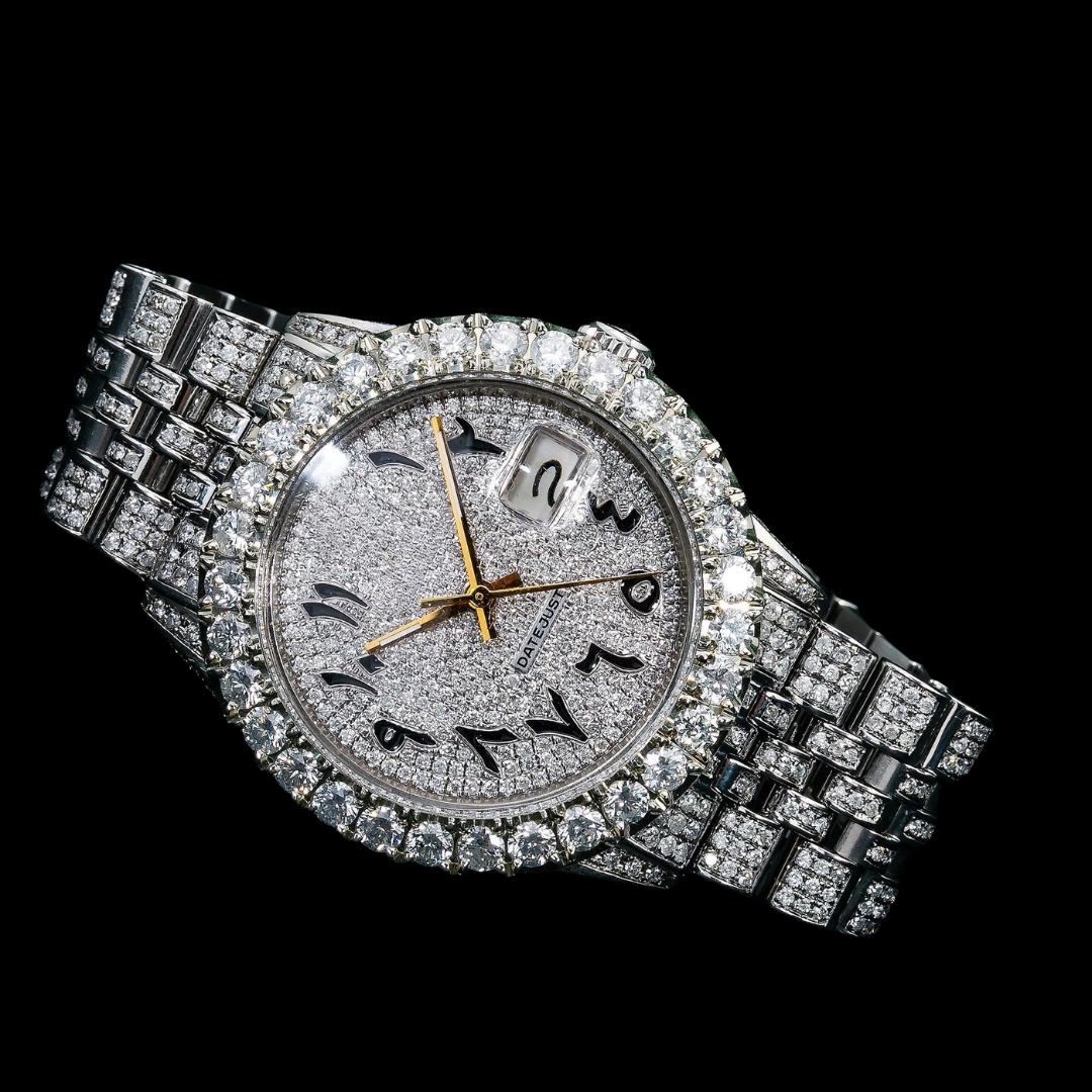 Rolex Datejust Black Arabic Numerals Diamond Paved Dial Iced Out Jubilee Bracelet Moissanite Watch Close Up Front View