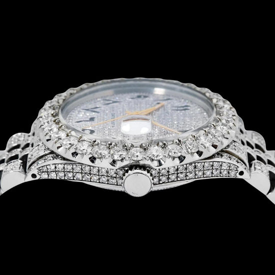 Rolex Datejust Black Arabic Numerals Diamond Paved Dial Iced Out Jubilee Bracelet Moissanite Watch Crown View